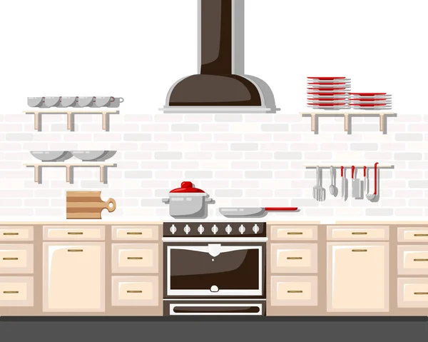 Cocina con muebles Ilustración vectorial de estilo plano. Estilo de dibujos animados para web, analítica, diseño gráfico cocina interior en estilo realista con gabinetes estantes utensilios horno y campana de cocina  . — Vector de stock