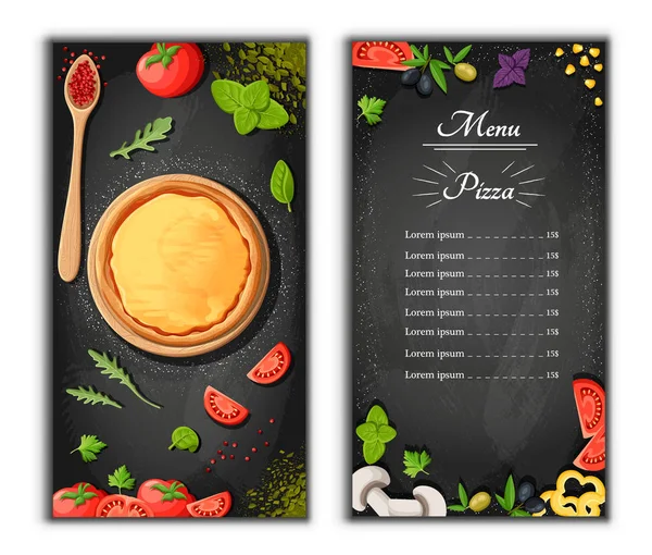 新鮮な食材をピザのメニューの黒板漫画背景ベクトル図ピザ屋のチラシのベクトルの背景です 木製の背景と黒板に成分のテキストで つの垂直バナー — ストックベクタ