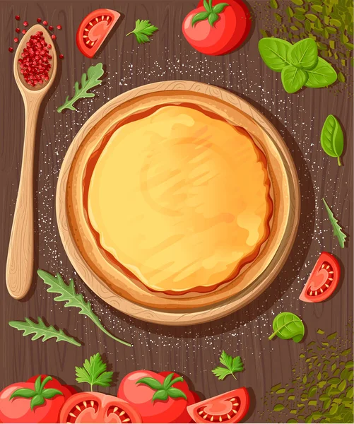 Pizza Menú Pizarra Fondo Dibujos Animados Con Ingredientes Frescos Vector — Vector de stock