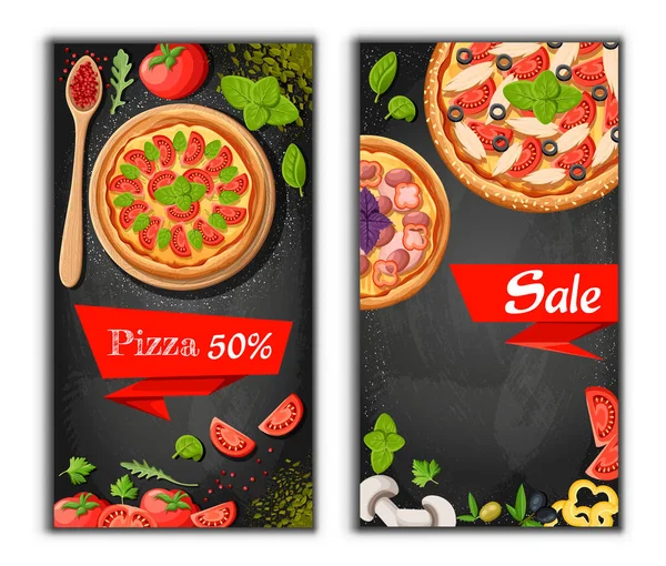 Pizza Schoolbord Cartoon Menuachtergrond Met Verse Ingrediënten Vector Illustratie Pizzeria — Stockvector