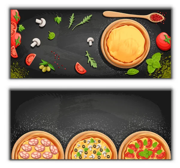 Pizza Menú Pizarra Fondo Dibujos Animados Con Ingredientes Frescos Vector — Vector de stock