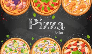 Pizza menü kara tahta çizgi film arka plan taze malzemelerle vektör çizim Pizzeria el ilanı vektör arka plan. Malzemeler metin ahşap arka plan ve yazı tahtası ile iki yatay afiş.