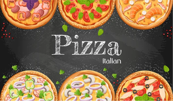 Pizza Menú Pizarra Fondo Dibujos Animados Con Ingredientes Frescos Vector — Vector de stock