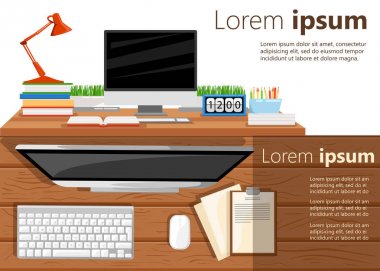 Web tasarımı için iki afiş. Office teması. Çalışma alanı. Düz tasarım vektör çizim. Web sitesi sayfası ve mobil uygulaması tasarım öğesi.