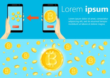 Cryptocurrency teknoloji, bitcoin değişimi, bitcoin madencilik, mobil bankacılık düz modern tasarım konsepti. Bitcoins cüzdan taşındıktan ile cep telefonu tutan el.