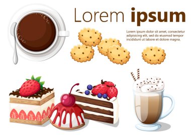 El tutmak bıçak kesim kek, bardak çay sehpa kutlama üst açı görünümü düz vektör çizim çay çay bardak, çaydanlık, sandviç, kek, kurabiye, limon, çay poşetleri ve bal kavanozu ile ayarla.