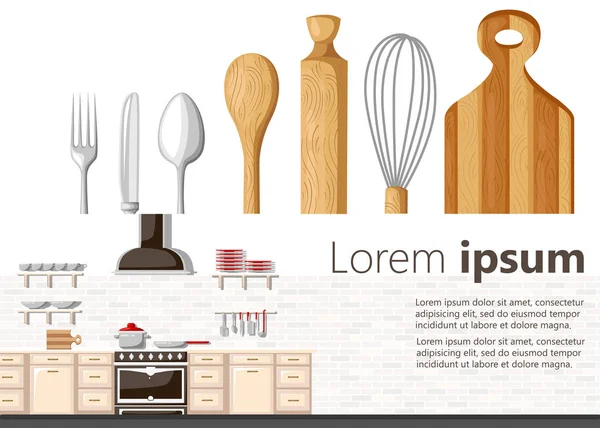 Concept Cuisine Design Plat Equipement Cuisine Fond Illustration Vectorielle Intérieur — Image vectorielle