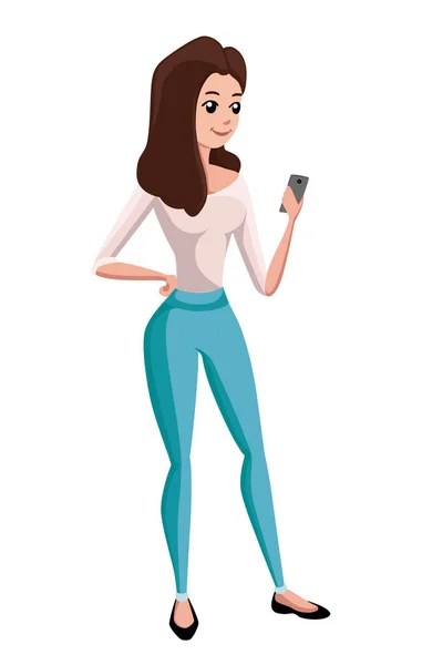 Schattige cartoon meisje met mobiele telefoons, meisje schrijven SMS-bericht op laptop. De vectorillustratie van jonge cartoon meisje schriftelijk bericht op haar mobiele telefoon voor pagina website en mobiele app design. — Stockvector