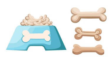 Köpek kuru gıda kase. Cips şeklinde kemik. Düz stil vektör illüstrasyon izole beyaz arka plan üzerinde. Web sitesi sayfası ve mobil uygulaması tasarım öğesi.