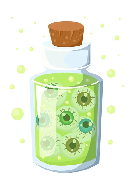 Glass Bottle Cork Stopper Green Liquid Potion Vial Cartoon Style — Stock Vector