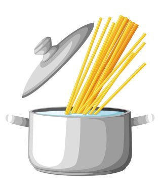 Kaynar su pan. tencereye su ve Buhar ile ocakta demir. Düz tasarım grafik öğeleri. Vektör çizim. Web sitesi sayfası ve mobil uygulaması tasarım spagetti