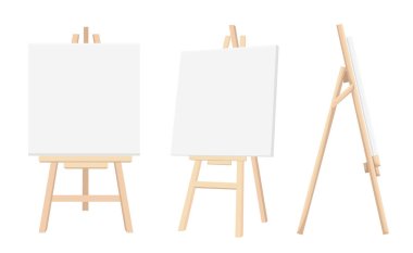 Kahverengi Sienna ahşap Easels sahte boş boş tuvaller arka plan boya masasına izole ve beyaz arka plan üzerinde izole kağıt ile vektör kümesi. Vektör çizimi Web sitesi sayfası ve mobil uygulaması.