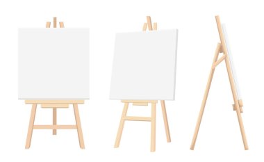 Vector Set of Brown Sienna Wooden Easels with Mock Up Empty Blank Canvases Isolated on Background Paint Desk and White Paper Isolated On Background. Vector illustration Web site page and mobile app. clipart