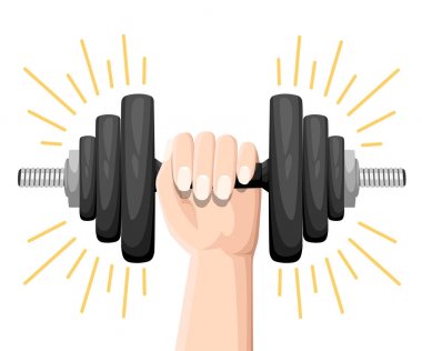 Bir dumbbell beyaz izole normal ve deforme bükülmüş dambıl seti tutan el. Elbiseler ve donatım, ağırlık kaldırma, egzersiz, güç ve spor salonu konsept. Düz stil. vektör çizim