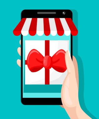 Mobil alışveriş düğmesini, düz tasarım beyaz arka planda el telefon ile izole satın. Mobil ödeme, alışveriş kavramı. Resimde Online Mobil alışveriş için. Web sitesi sayfası ve mobil uygulaması tasarım.