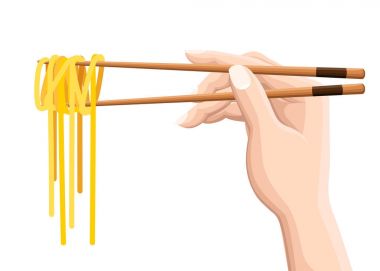 Chopsticks holding Chinese noodles. Isolated on white background. Modern logotype design vector illustration. Web site and mobile app clipart