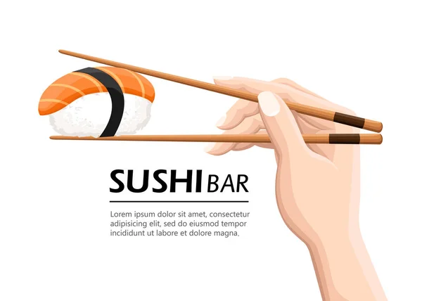 Chopsticks Segurando Rolo Sushi Conceito Lanche Susi Nutrição Exótica Restaurante — Vetor de Stock