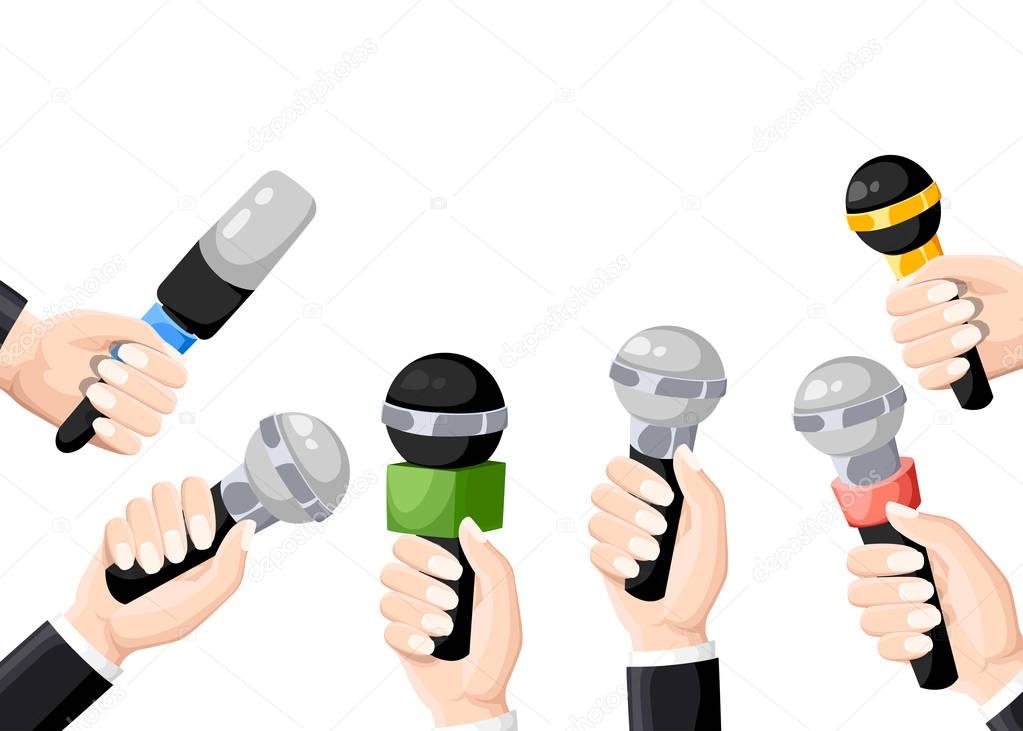 Microphones in reporter hands. Set of microphones isolated on white background. Television, interview. blog Flat vector illustration. Web site and mobile app blogging