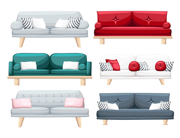 Set of sofas with pillows isolated on white background. Vector illustration. Website page and mobile app design