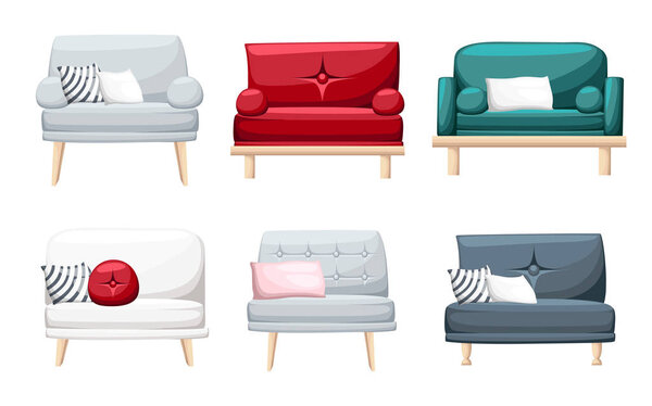 Set of sofas with pillows isolated on white background. Vector illustration. Website page and mobile app design