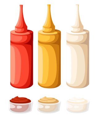 Vektör Set renk Fast Food plastik şişe. Ketçap, mayonez, hardal. Vektör çizim üzerinde beyaz izole. Web sayfası ve mobil uygulaması tasarım