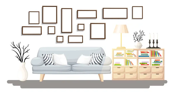 Diseño de interiores. Moderno salón con sofá gris, jarrón, estante con libros y lámpara de pie. Apartamento interior en el estilo plano. Ilustración vectorial aislado acogedor interior sobre el fondo blanco — Vector de stock