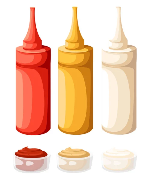 Conjunto Vectorial Botellas Plástico Comida Rápida Color Ketchup Mayo Mostaza — Vector de stock