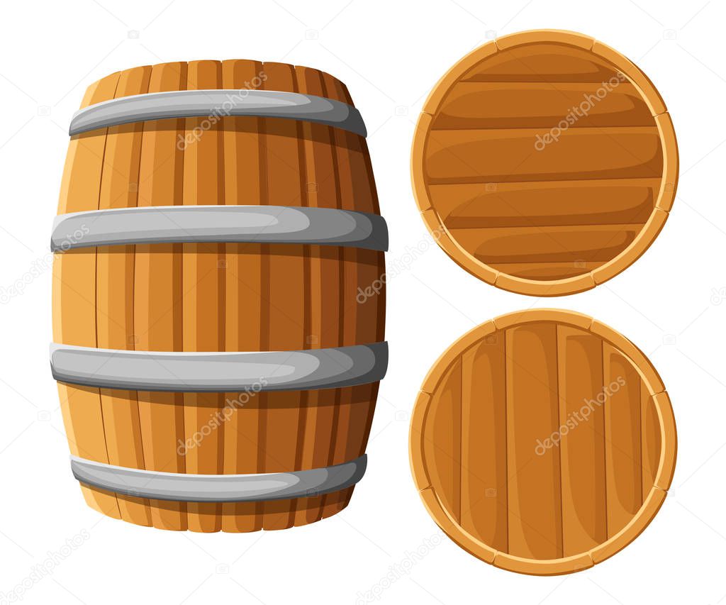 Wooden barrel with iron rings. Isolated on white background. Vector wood beer barrel. Pub and bar menu, alcohol beverage label, brewery symbol design. Website page and mobile app design