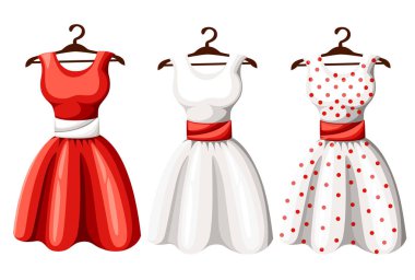 Retro pinup sevimli kadın elbiseleri kümesi. Kısa ve uzun zarif siyah, kırmızı ve beyaz renk polka dot tasarım bayan elbise koleksiyonu. Vektör sanat görüntü illüstrasyon izole arka plan üzerinde.