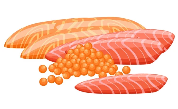 Salmone Pesce Mare Con Caviale Filetti Illustrazione Vettoriale Isolata Fondo — Vettoriale Stock