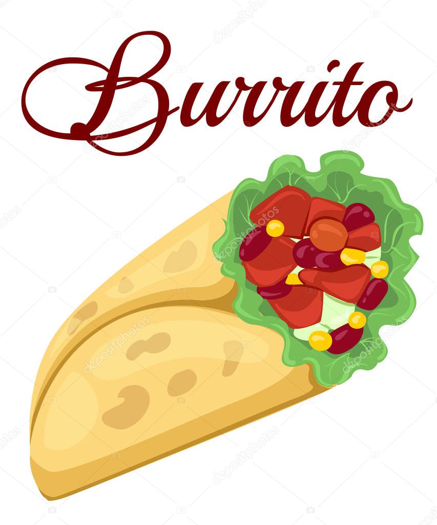 Mexican Burrito Icon. Illustration of an appetizing cartoon fast food Mexican burrito icon, with corn wrap, salad leaves, tomatoes, cheese and chicken with chili beans. Isolated on white background.