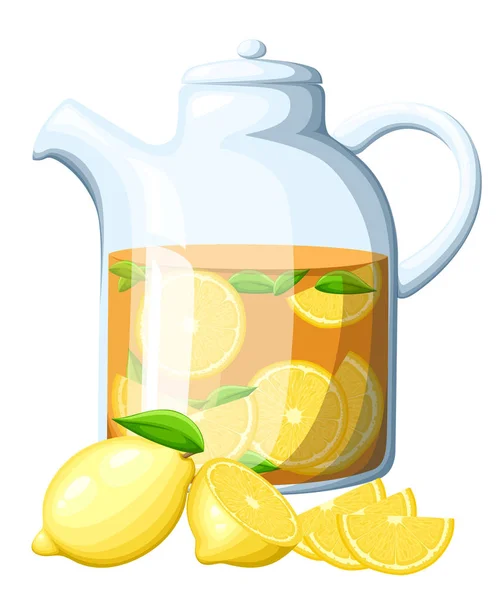Čaj Citronem Skleněné Konvici Citron Celé Listy Plátky Citronů Dekorační — Stockový vektor