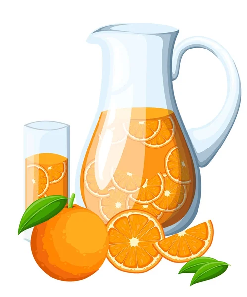Pomarańczowy Owoc Pić Dzbanku Szkła Orange Całości Liści Plasterki Pomarańczy — Wektor stockowy
