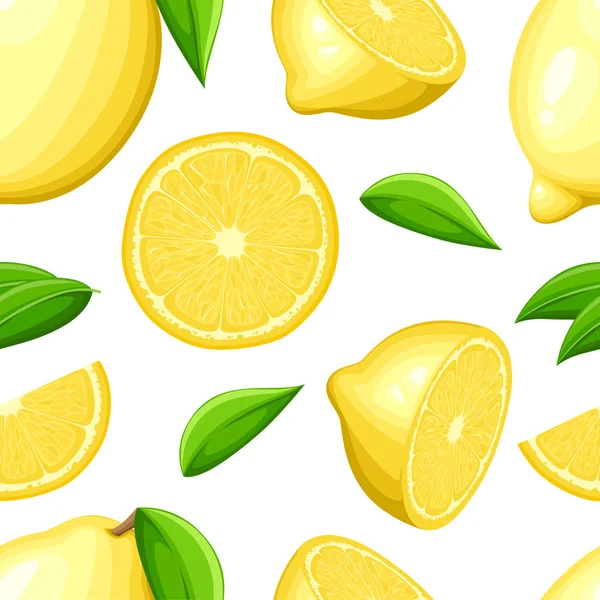 Lemon Dengan Daun Utuh Dan Irisan Lemon Ilustrasi Tak Berjahit - Stok Vektor