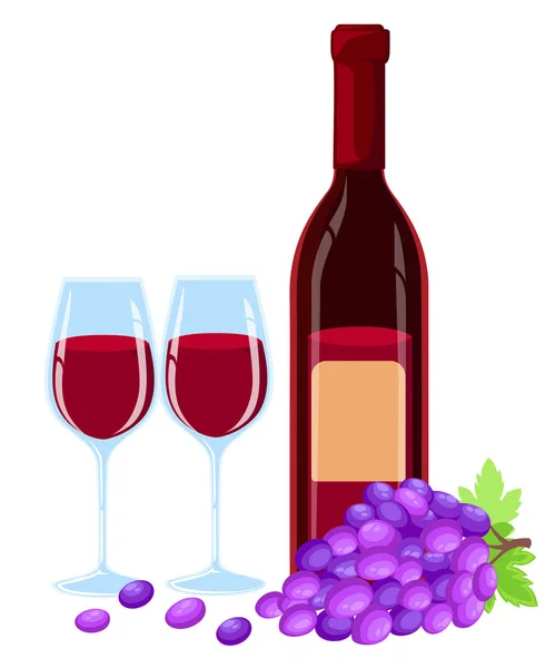 Vektor Trauben Brunch Mit Blättern Weinglas Und Flasche Rotwein Illustration — Stockvektor