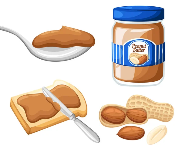 Illustratie Van Een Pot Pindakaas Brood Boter Geïsoleerd Een Witte — Stockvector