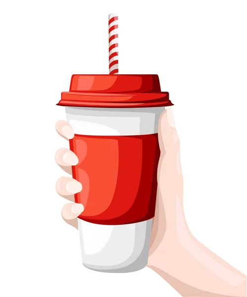 Boire Main Dans Une Tasse Papier Rouge Blanc Avec Paille — Image vectorielle