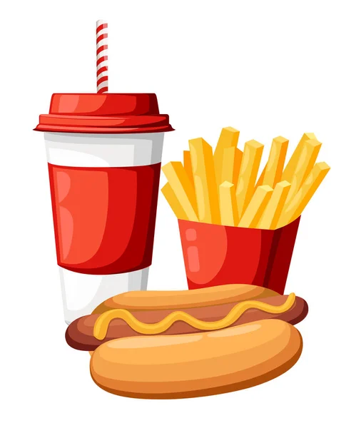 Lunch Met Patat Hotdog Frisdrank Afhaalmaaltijden Geïsoleerde Achtergrond Fast Food — Stockvector