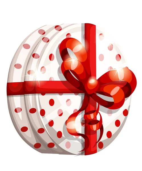 Runde Geschenkschachtel mit roter Schleife. weiße Weihnachtsdose mit rotem Punkt. Vektor-Illustration isoliert auf weißem Hintergrund. — Stockvektor