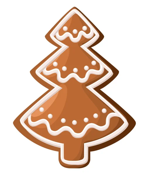 Kerst peperkoek. Xmas boom cookie. Witte icing versierd. Geïsoleerd op een witte achtergrond. Vakantie vector illustratie. — Stockvector