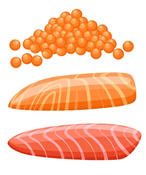 Stück frischer roter Lachsfisch. Kaviar und Filets. Vektor-Illustration isoliert auf weißem Hintergrund. — Stockvektor