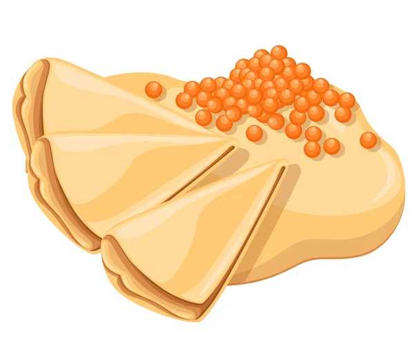 Frittelle con caviale rosso salmone. Involucro di pancake. Piatto festivo saporito. Illustrazione vettoriale isolata su sfondo bianco . — Vettoriale Stock