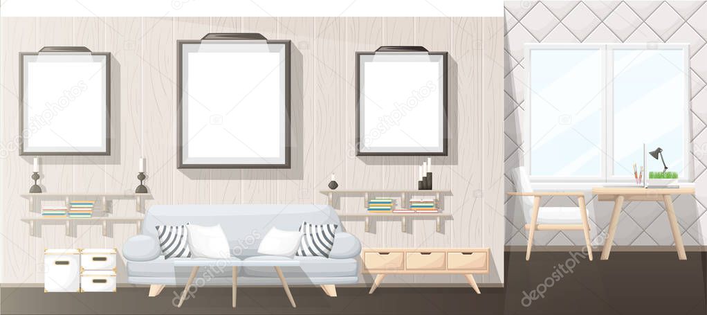 Interior Design. Modern living room with grey sofa, vase, shelf with books and nightstand. Apartment interior in the flat style. Isolated vector illustration cozy interior on the white background.