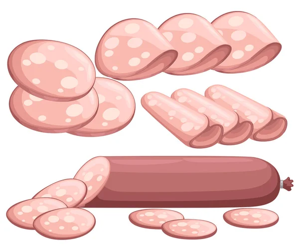 Salami Tekenfilmstijl Illustratie Verschillende Soorten Plakken Presentatie Van Vleesproducten Voor — Stockvector