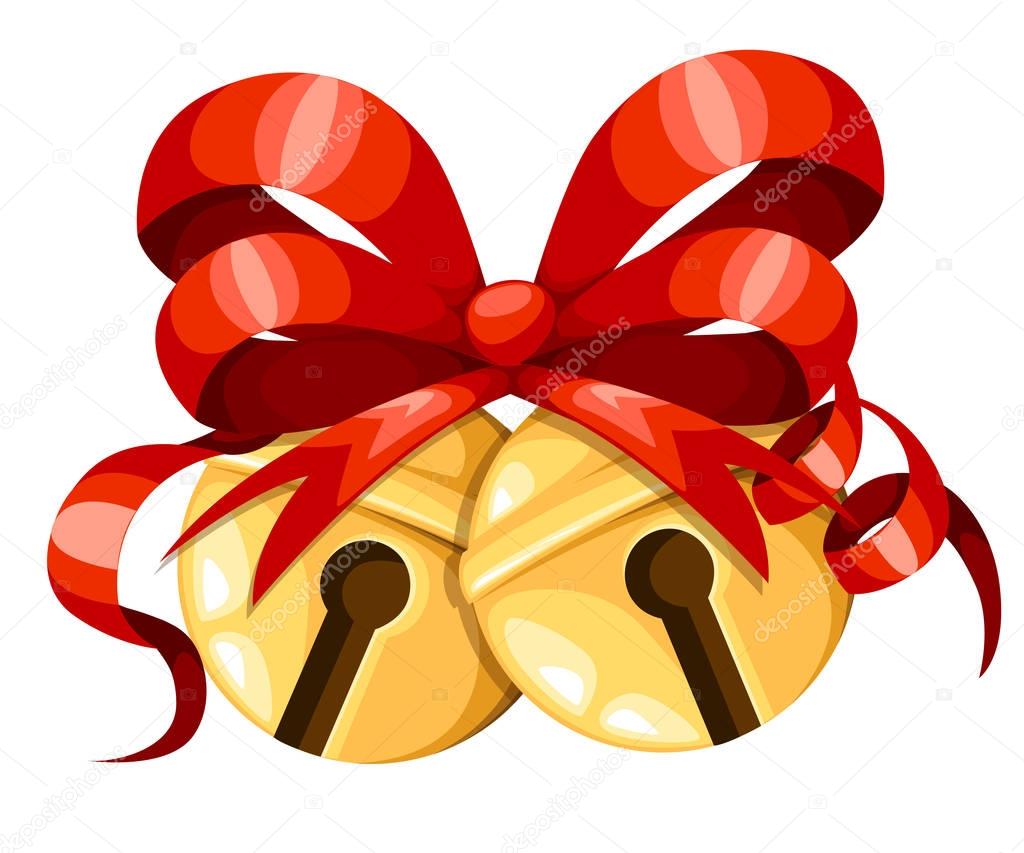 Golden Christmas bell balls with red ribbon and bow. Xmas decoration. Jingle bells icon. Vector illustration isolated on white background. Web site page and mobile app design