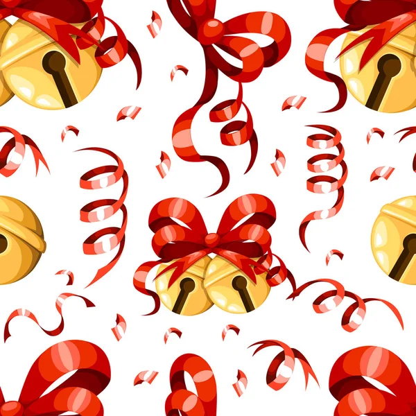 赤いリボンと弓のクリスマス装飾とゴールデン クリスマス ボール ジングル鐘アイコン シームレスなクリスマス飾りベクトル イラスト ホワイト バック グラウンド Web — ストックベクタ