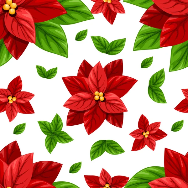 Krásná Červená Poinsettie Květin Zelených Listů Vánoční Dekorace Bezešvé Vektorové — Stockový vektor