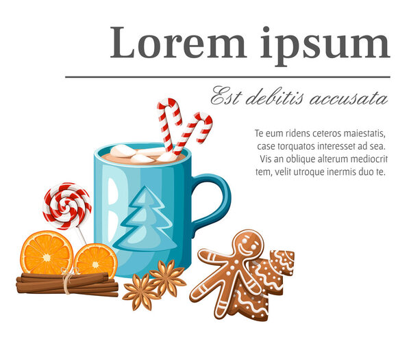 Синяя кружка горячего какао или кофе с конфеткой и зефиром векторные иллюстрации изолированы на белом фоне с местом для вашего текстового веб-сайта страницы и дизайн мобильного приложения
.
