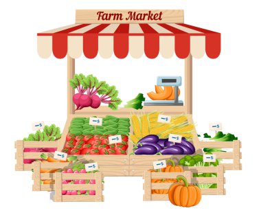 Front view market wood stand with farm food and vegetables in box with weights and price tags vector illustration isolated on white background website page and mobile app design. clipart