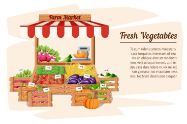 Önden Görünüm Pazar ahşap stand çiftlik yiyecek ve sebze Aç kutusuna vektör ile ağırlık ve fiyat etiketleri illüstrasyon izole metin Web sayfası ve hareket eden app için beyaz arka plan yeri ile.